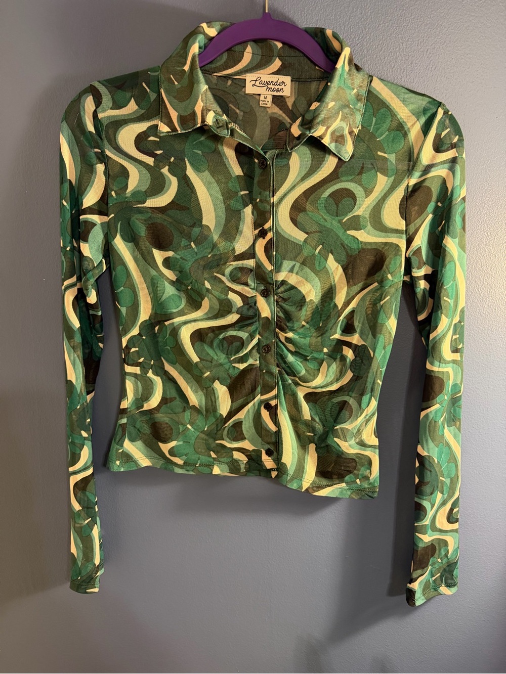 Lavender Moon Green Multi Swirl Button-Front Long Sleeve Top Medium - Picture 1 of 7